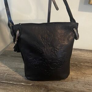 Brighton Piper Slim Black Leather Embossed Crossbody Shoulder Bag Silver Hardwar